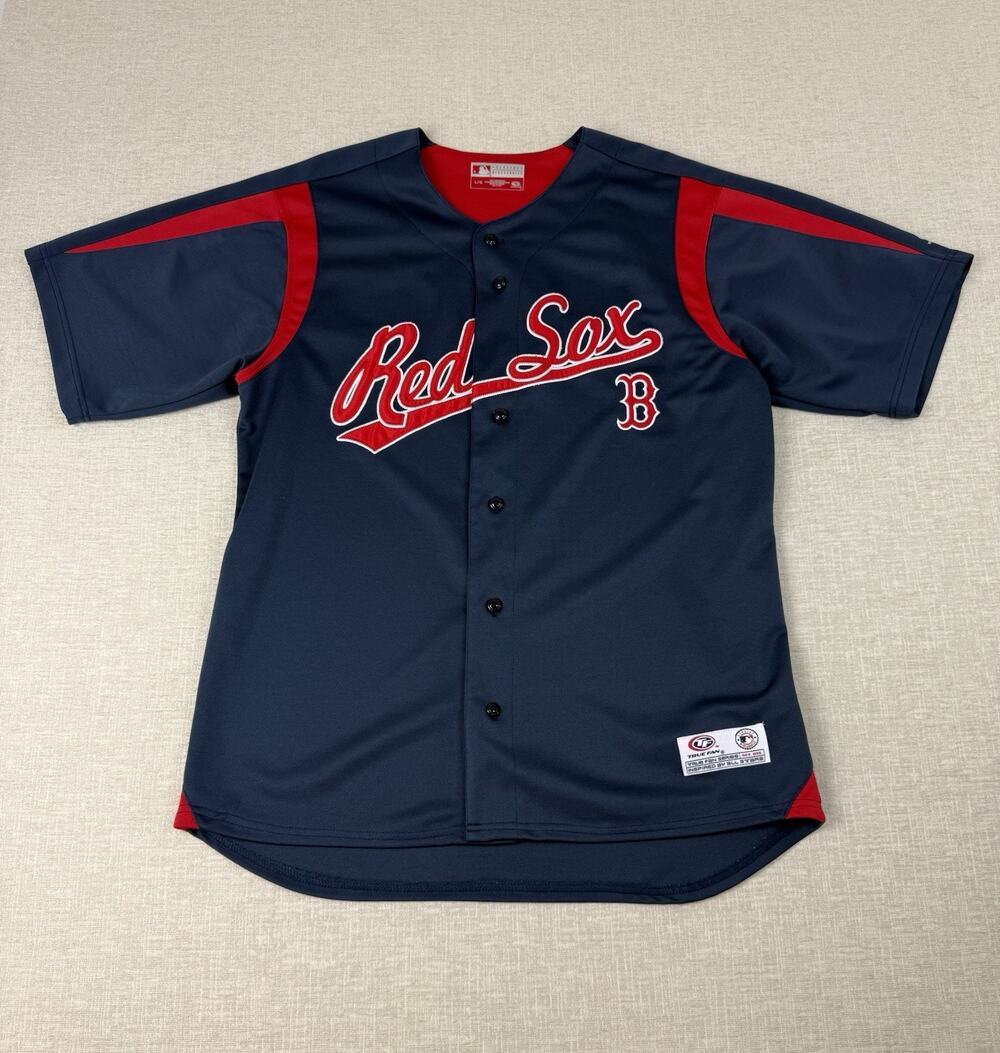 Boston Red Sox True Fan MLB Baseball Jersey Navy Red Button Front Large